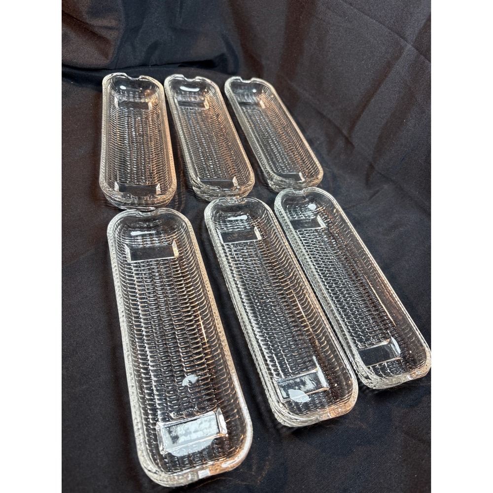 Vintage Clear Glass Corn on the Cob Dishes Set of 6 Textured Serving Trays BBQ